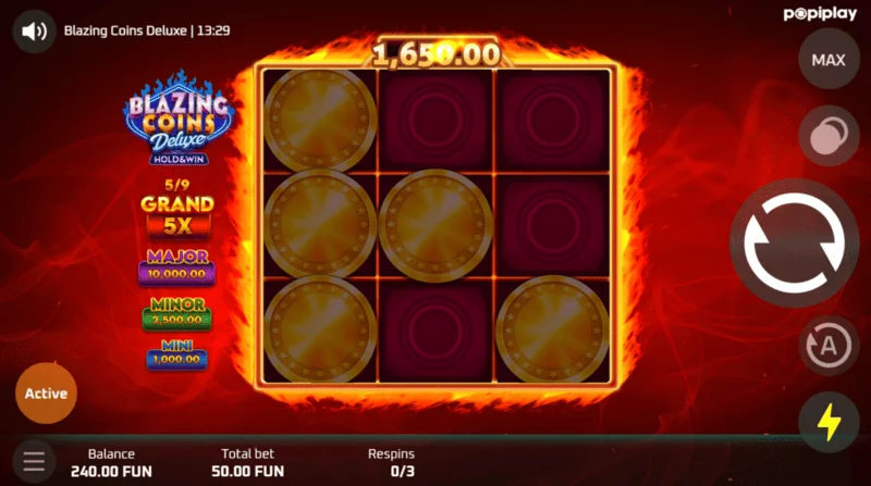 หน้าจอเกม Respin ของ Blazing Coins Deluxe